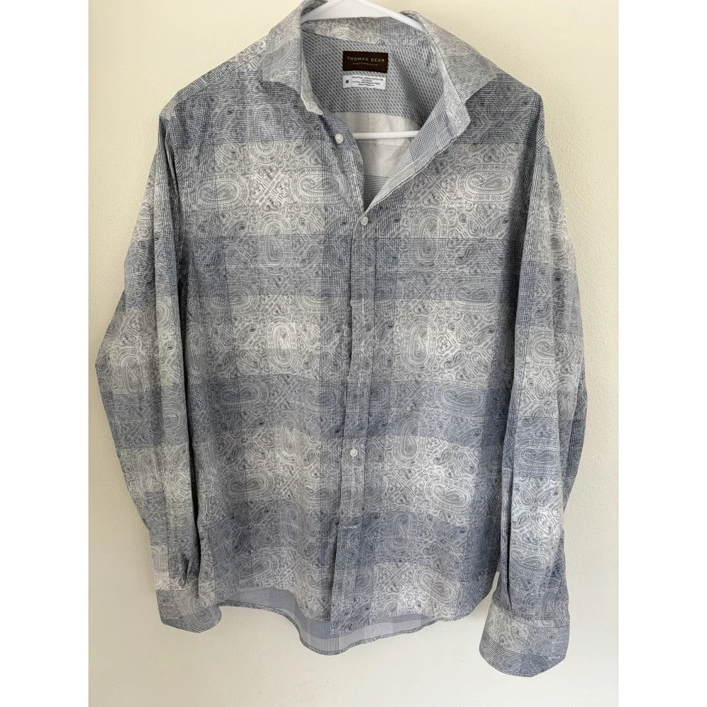 Thomas Dean Performance Men's Button Down Size M Paisly Boho Long Sleeve Blue‎